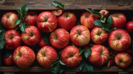 Wall Mural - Ripe red and yellow striped apples with green leaves spilling out of an old rustic wooden crate