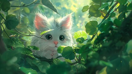 Wall Mural - A White Kitten Peeking Through Lush Green Foliage