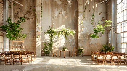 A modern industrial wedding scene with graffiti art and minimalist elements, wedding, ceremony, urban materials