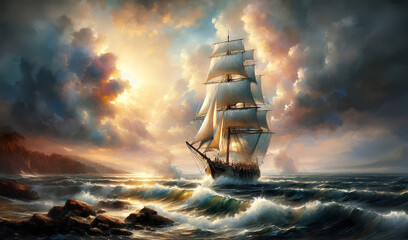 watercolor painting of a tall sailboat sailing on the ocean