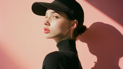 Woman with a serious expression in a black cap and turtleneck stands against a soft pink background, casting a shadow behind her.