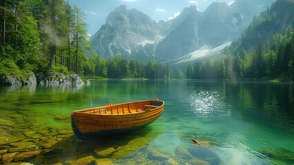 Wall Mural - animation tranquil lake with boat amidst majestic mountains scenery generated with ai