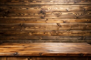 Wall Mural - A rustic wooden table with a wood wall background, vintage, backdrop, space, minimalistic, rustic, farmhouse, home, table,wood, decoration, perspective, decor, cozy, horizontal, background