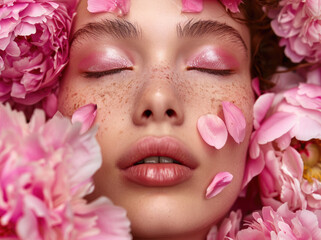 Poster - beautiful woman with red lips and pink nails, beautiful make-up, perfect skin, flowers in hair