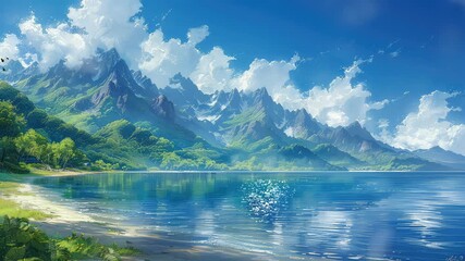 Wall Mural - animation serene mountain and lake view under blue sky generated with ai
