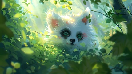 Wall Mural - A White Furry Animal Peeking Through Green Foliage