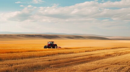 Aufkleber - A tractor works diligently in expansive golden fields, cultivating the land beneath a vast blue sky with soft, fluffy clouds.