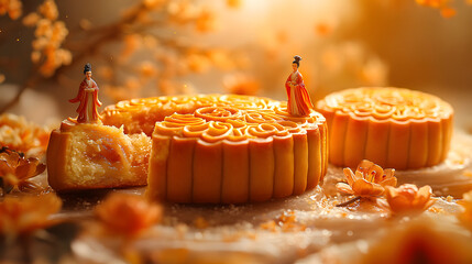 A pile of large mooncakes, rich backgrounds, clean and simple designs, two miniature figures standing nearby