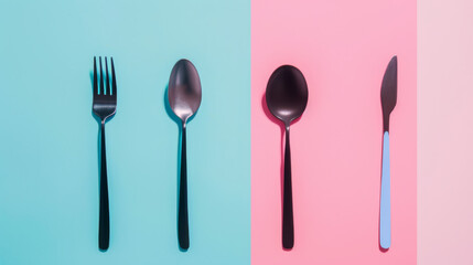 Wall Mural - A minimalist photo showcasing a fork, two spoons, and a knife against a split teal and pink background.