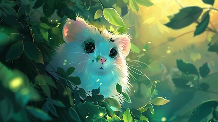 Wall Mural - A Curious White Cat Peeking Through Lush Green Foliage