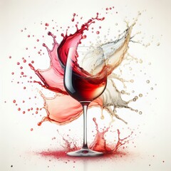 red and white Wine splash in glass isolated on white background, full depth of field