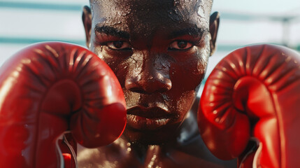 Sticker - Intense focus of a sweaty boxer wearing red gloves, ready for a match under bright lights.