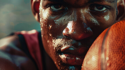 Wall Mural - Intense close-up of a sweaty basketball player resting his face against a ball, showcasing raw emotion and exhaustion post-game.