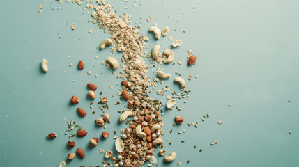 Poster - A variety of scattered nuts and seeds elegantly arranged on a light pastel blue background, showcasing the rich diversity and texture of natural, healthy snacks.