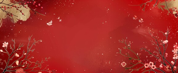 Wall Mural - Red background, vector illustration, gold line drawing style with small flowers on the left and right sides of the picture