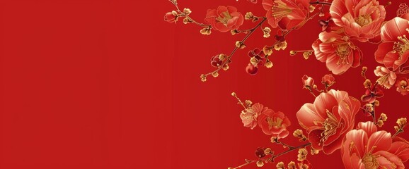 Wall Mural - Red background, vector illustration, gold line drawing style with small flowers on the left and right sides of the picture