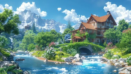 Wall Mural - animation mountain lodge near scenic river and snowy peaks generated with ai