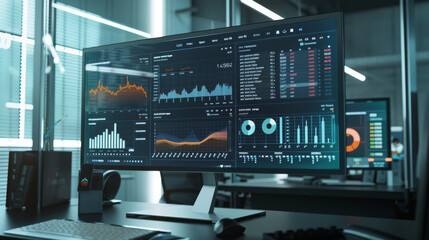 an organized and sophisticated data analysis setup with multiple charts displayed on large monitors,