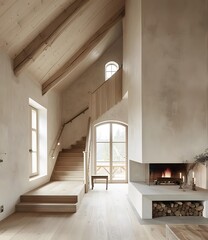 Wall Mural - Modern Minimalist Interior Design with Wooden Staircase and Fireplace