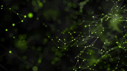 Poster - Illustration of a green network with connections and nodes on a dark background, symbolizing data and technology