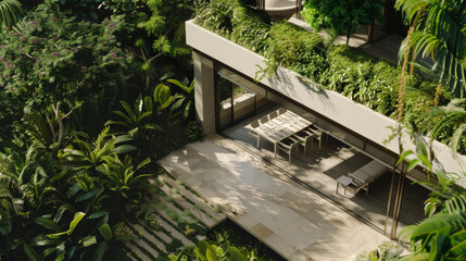 Canvas Print - A lush balcony garden covered in verdant greens and plants, with sunlight casting soft shadows on a dining area below, creating a serene urban oasis.