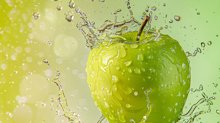 Wall Mural - A green apple splashing into a burst of water droplets, highlighting freshness and vitality against a vibrant, green background.