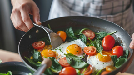 Wall Mural - A close-up of a vibrant pan with fresh spinach, tomatoes, and sunny-side-up eggs, showcasing a colorful and healthy meal in the making.