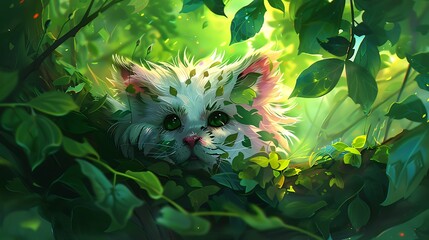 Wall Mural - White Kitten Hiding in Lush Green Foliage