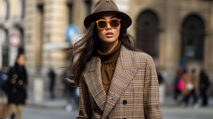 Confident woman in stylish outfit on city street, brown coat, hat, yellow sunglasses, hair in wind, gold necklace, top. Busy urban background, exudes confidence.