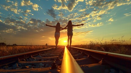 Image shows two women on railway tracks at sunset, one in dark clothes and the other in light colors. Both with arms outstretched, exuding freedom and dynamism.