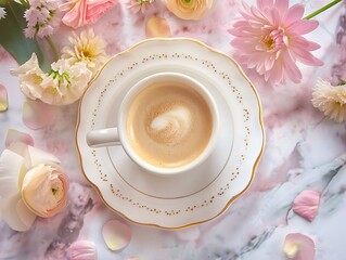 Espresso cup centered on marble table, floral accents, pastel hues, soft lighting, elegant flat lay.