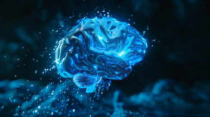 The blue virtual brain model has signal connection, abstract, futuristic, technology, surrealism, ultra-fine details, ultra-elaborated design, AI Generative