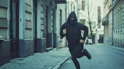 A person wearing a black hoodie and mask runs down an empty, narrow street lined with old buildings on a foggy day.