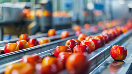 Wall Mural - A conveyor belt filled with vibrant red apples moves through a food processing facility, showcasing the efficiency and abundance of fresh produce.