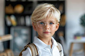 A schoolboy with white hair in round glasses and a white polo shirt standing against the background of a modern school room. Pupil of primary school. 