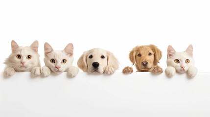 Wall Mural - A group of five cats and dogs are standing in front of a white board. Pets peeking out behind a white poster. Advertising banner template for pet shop or veterinary clinic.