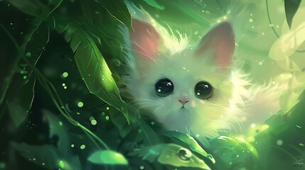 Wall Mural - A White Kitten Peeking Through Green Foliage