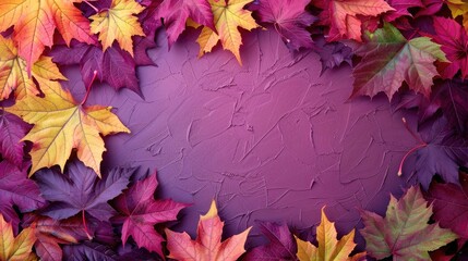 Maple leaves in autumn, red and yellow, green and purple with copy space