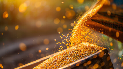 Canvas Print - Golden soybeans cascade into a container under the warm, glowing sunlight, creating a mesmerizing, bokeh-filled agricultural scene.