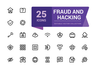 Poster - fraud and hacking line icon set. contains linear outline icons as virus, fraud, threat, theft, hacke