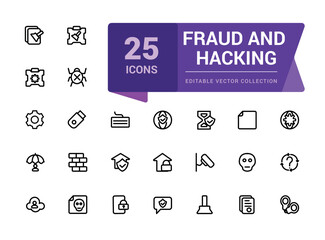 Poster - fraud and hacking line icon set. contains linear outline icons as virus, fraud, threat, theft, hacke
