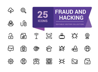 Poster - fraud and hacking line icon set. contains linear outline icons as virus, fraud, threat, theft, hacke