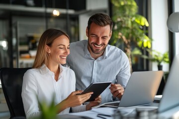 Poster - In office work place a woman, business people or employees with tablet technology are planning sales strategies or researching information. Faces smile, teamwork and happy employees.