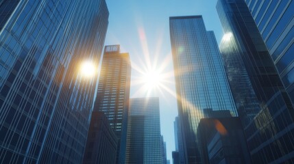 Canvas Print - Reflective skyscrapers in a big city. Business office center with glass doors and windows. Stock photo.