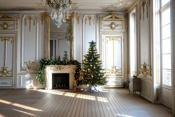 Digital backdrop, Paris French rococo apartment, with Christmas tree, chandelier, fireplace and white gilded walls.