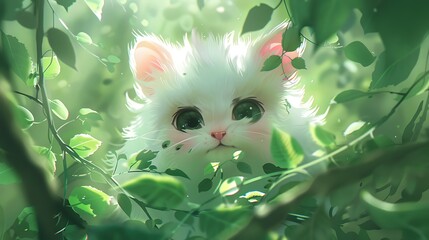 Wall Mural - White Cat Hiding in Lush Green Foliage