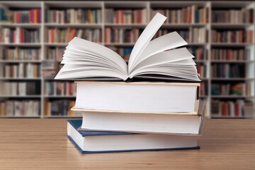 Wall Mural - stack of books in library on wooden table