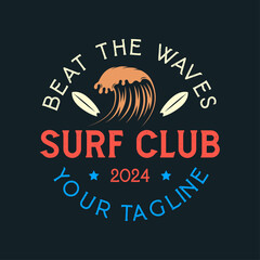 Wall Mural - Vintage Surf club vector logo template. Retro surfing emblem isolated. Vector illustration of logo on surfing theme. Vintage surf club logo. Surfing logo vector for t-shirt design