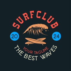 Wall Mural - Vintage Surf club vector logo template. Retro surfing emblem isolated. Vector illustration of logo on surfing theme. Vintage surf club logo. Surfing logo vector for t-shirt design