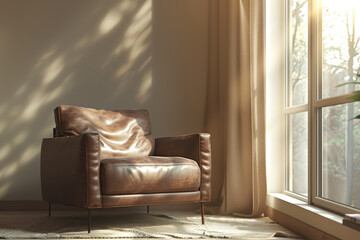 Wall Mural - Brown Leather Armchair in a Sunlit Room with a Window